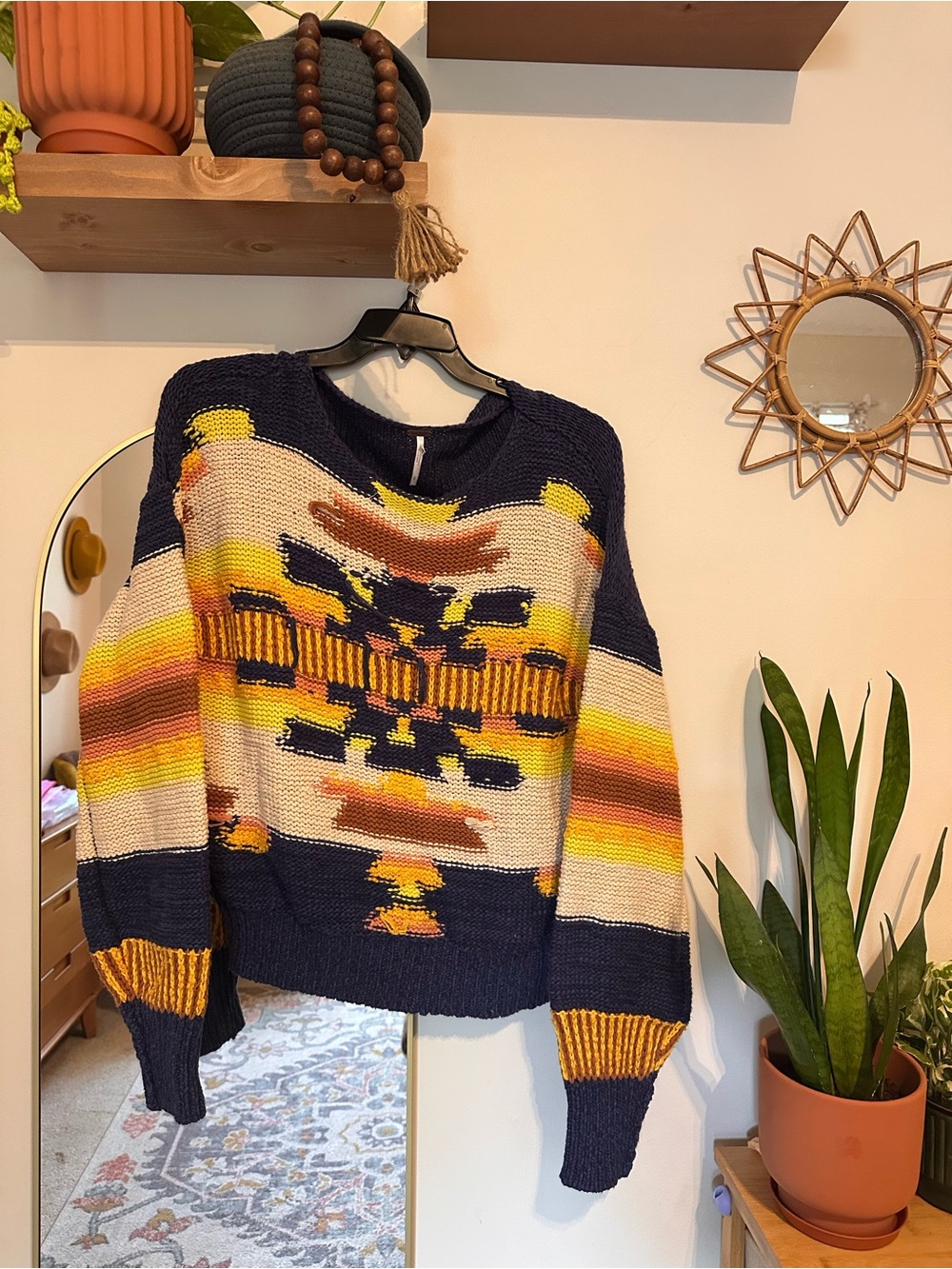 Free People Distressed Navy Multicolor Aztec Crewneck Sweater